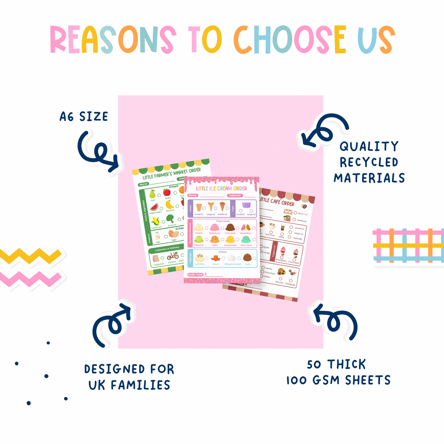 Kids Cafe, Ice Cream and Farmers Market role Play. A6 size sheets, thick recycled materials, designed for UK families.