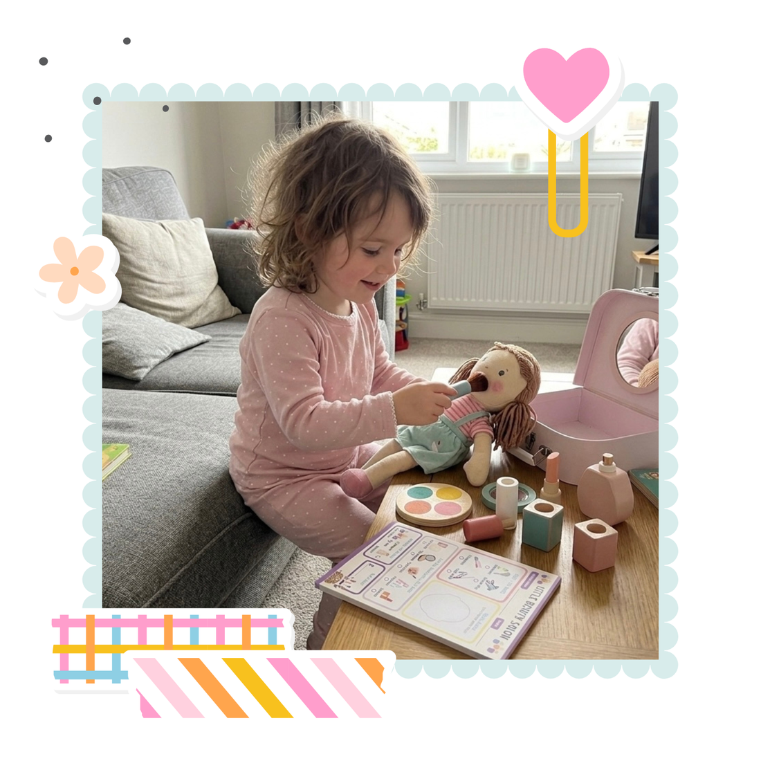 Child playing with pretend play notepad from Pretend Paper Co