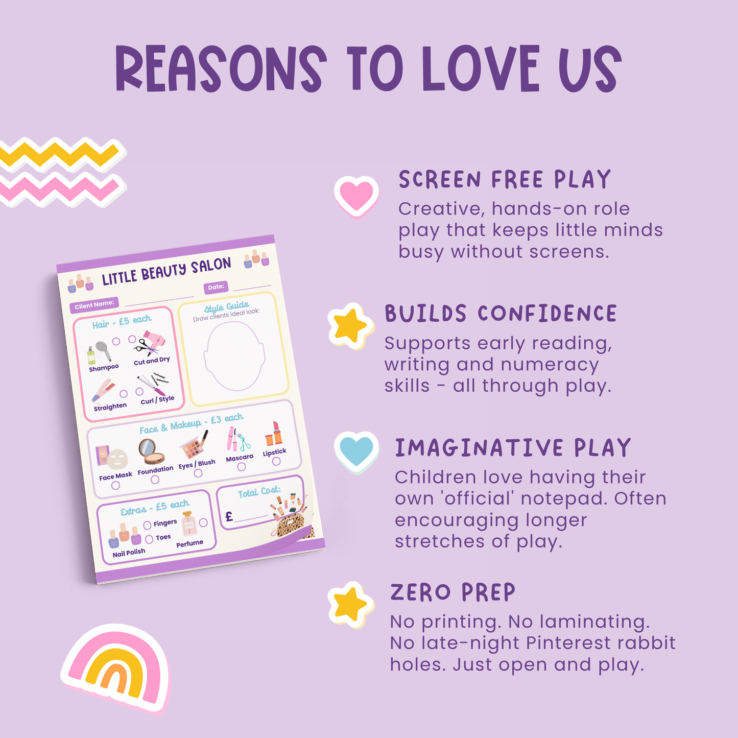 Benefits of pretend play beauty salon. Supports early reading and writing