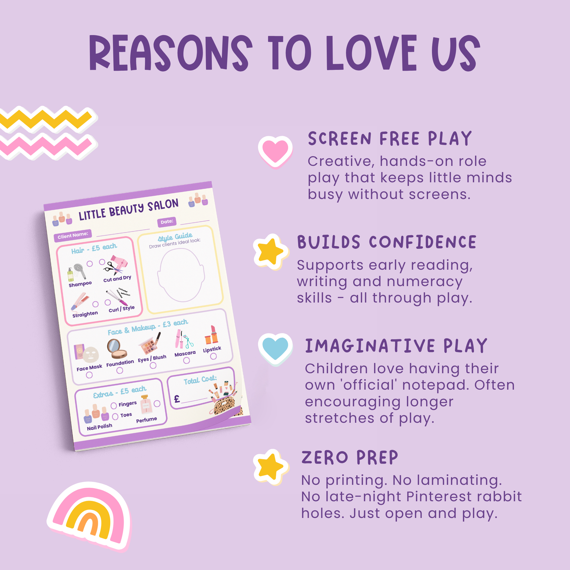 Benefits of pretend play beauty salon. Supports early reading and writing