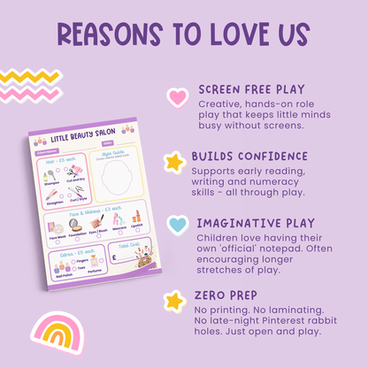Benefits of pretend play beauty salon. Supports early reading and writing