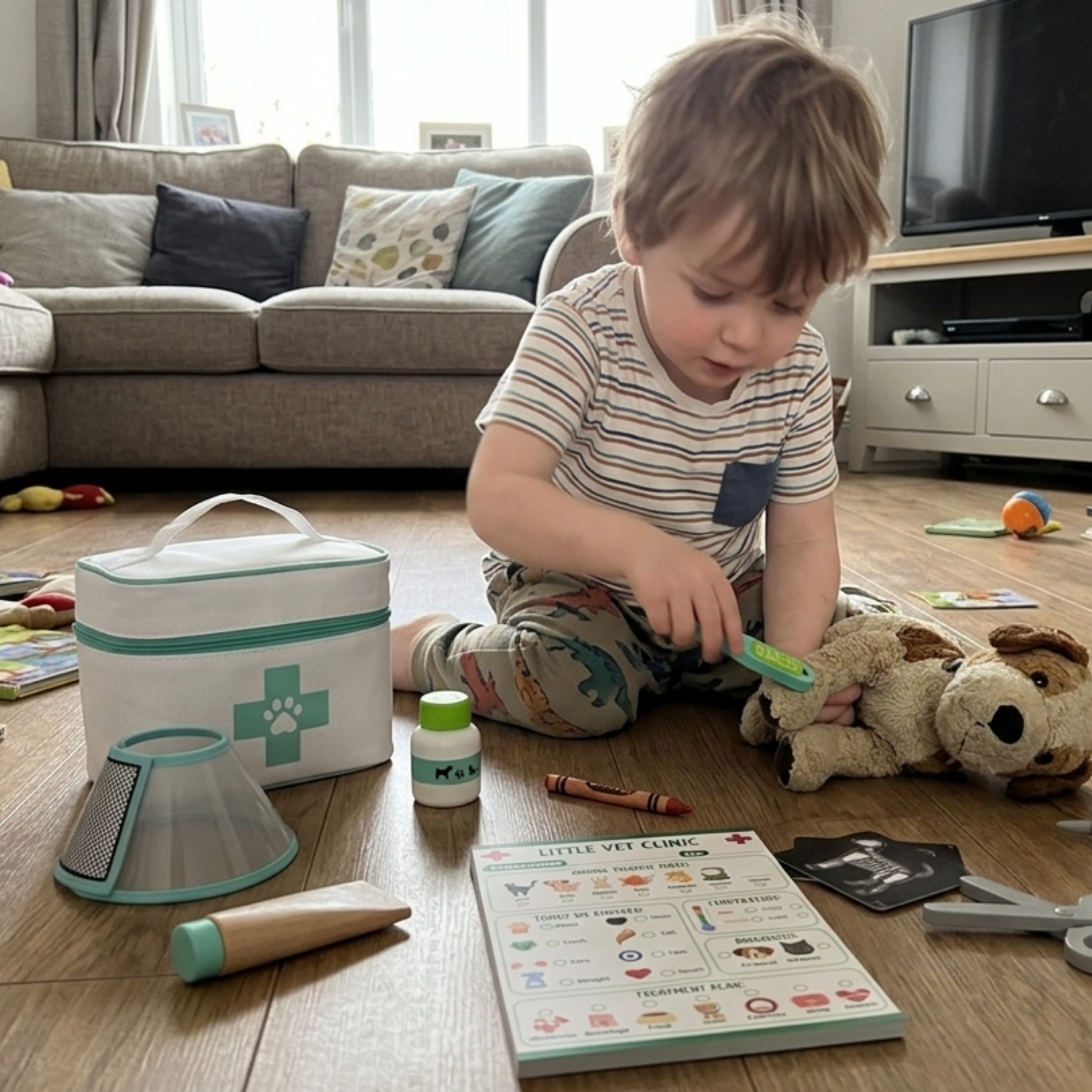 Child playing with a toy vet kit on a wooden floor in a living room.