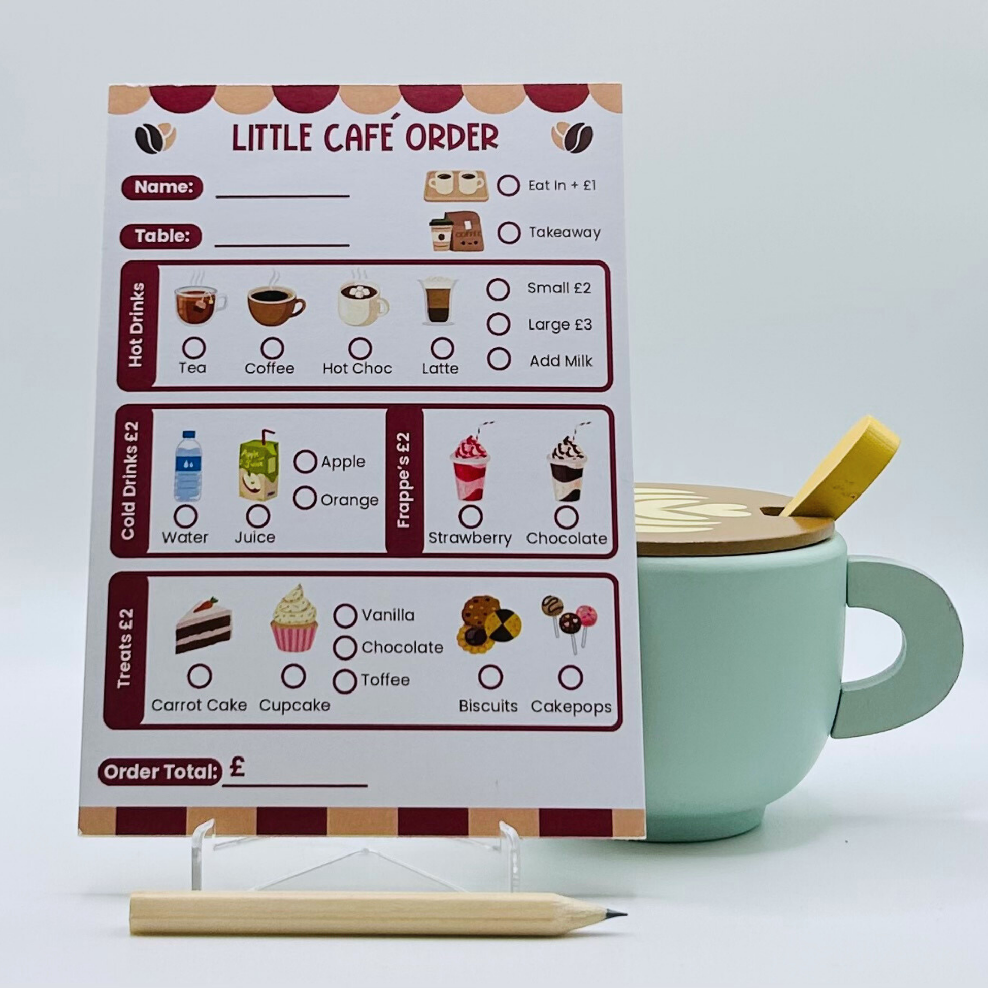 Children's role play pad 'Little Café Order' with a green mug and pencil.