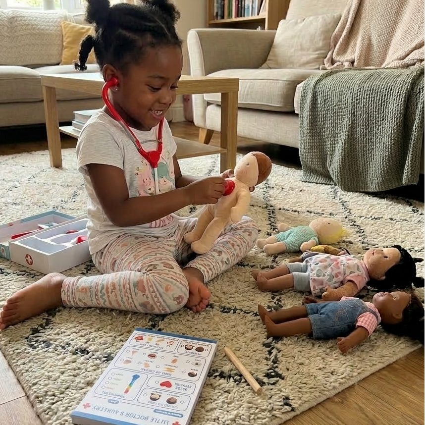 Child playing pretend doctor with dolls and a toy book on a rug in a living room.