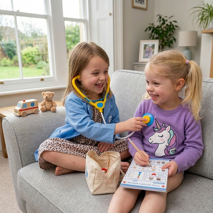 Two young girls playing with pretend role play doctors notepad