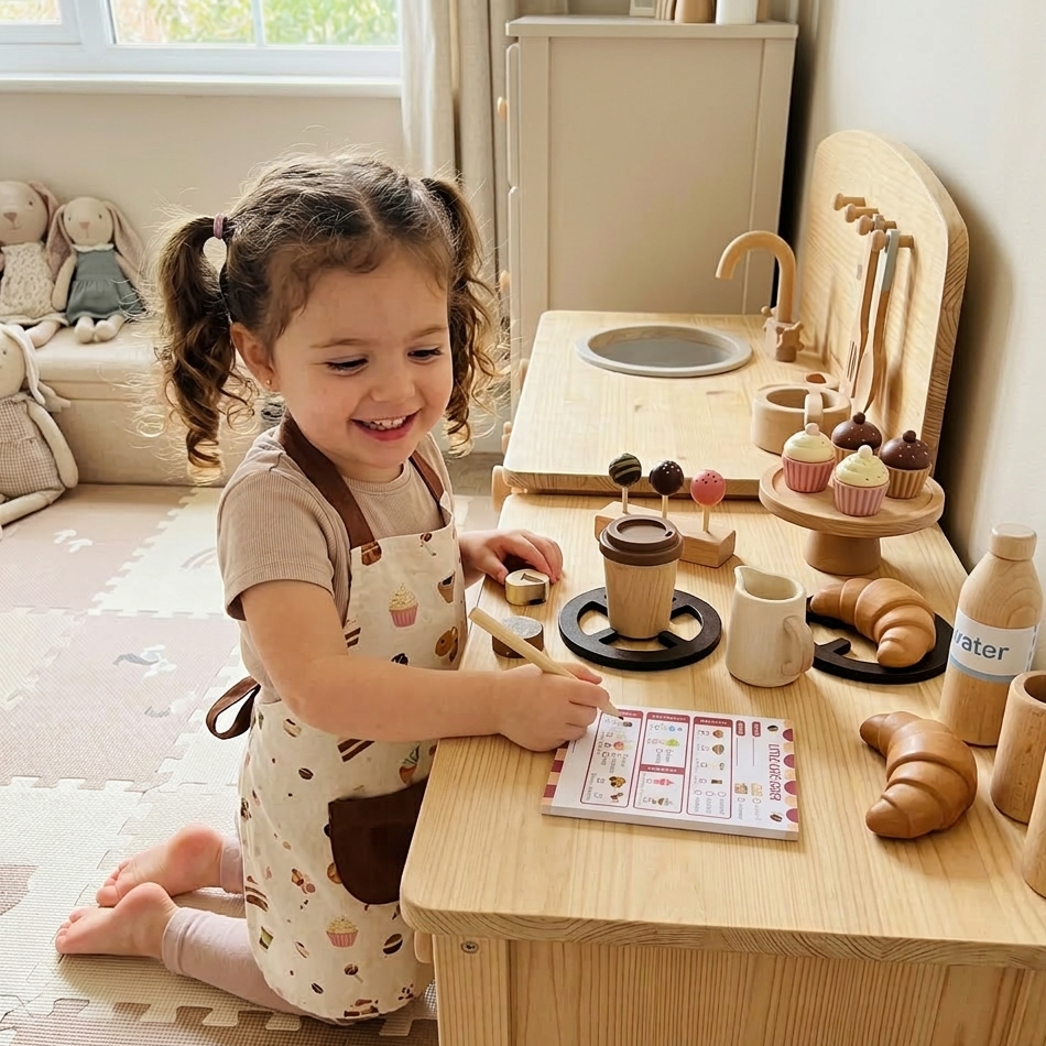 Child playing with a wooden play kitchen set in a bright room. Using a Pretend Cafe Role Play notepad