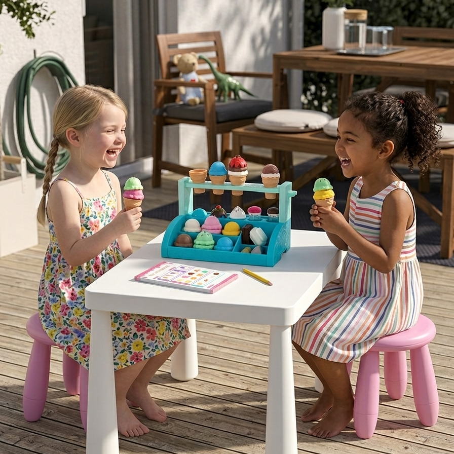 Two little girls playing pretend Little Ice Cream Shop Order notepad