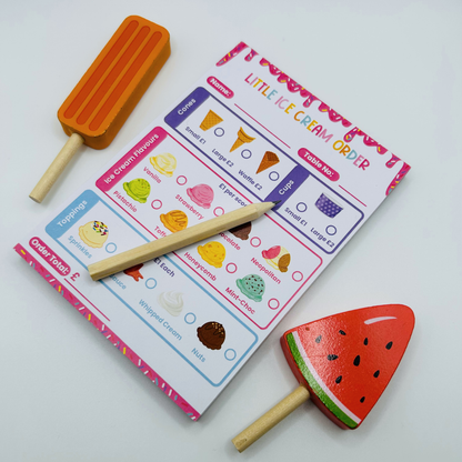 Wooden ice cream toys and pretend play notepad