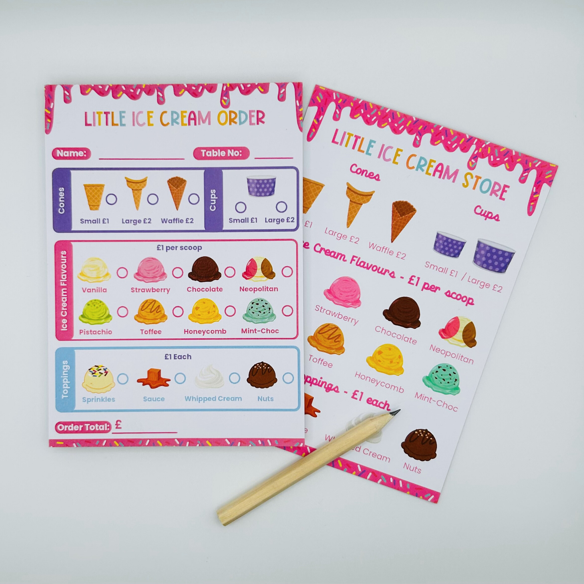 Ice Cream Store Role Play Order Pad and menus