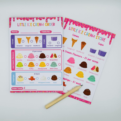 Ice Cream Store Role Play Order Pad and menus