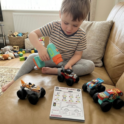 Child playing pretend mechanic. with a Pretend play notepad