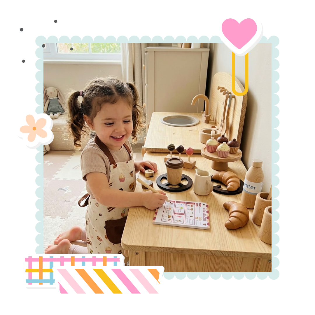 Little girl playing pretend coffee shop in her play kitchen