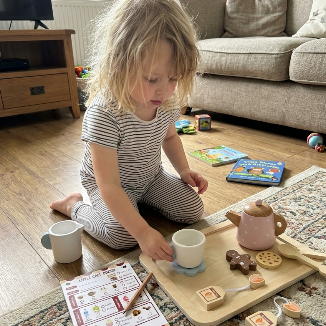 Child playing with a tea set on the floor in a living room with Little Cafe Role Play notepad