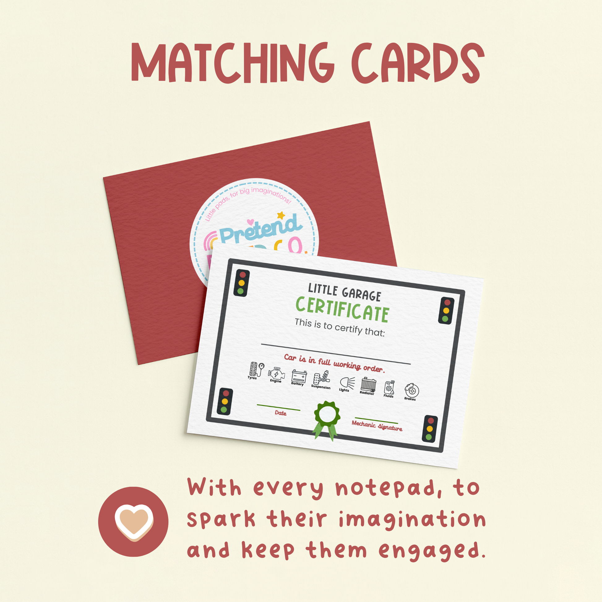 Matching pretend play mechanic cards with a certificate design 