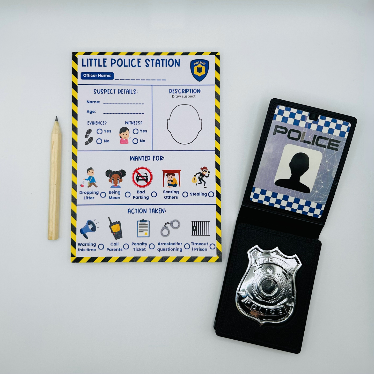 Playset with police station notebook, and badge