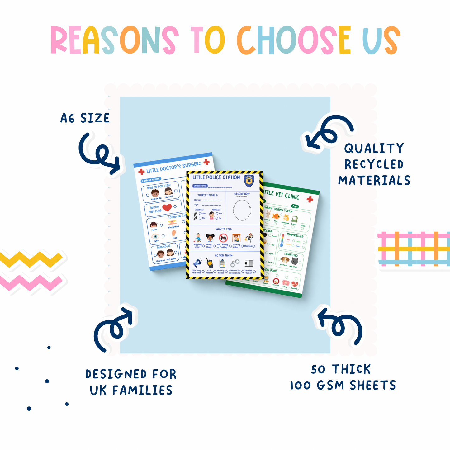 Kids Doctors, Vet and Police Role Play. A6 size sheets, thick recycled materials, designed for UK families.