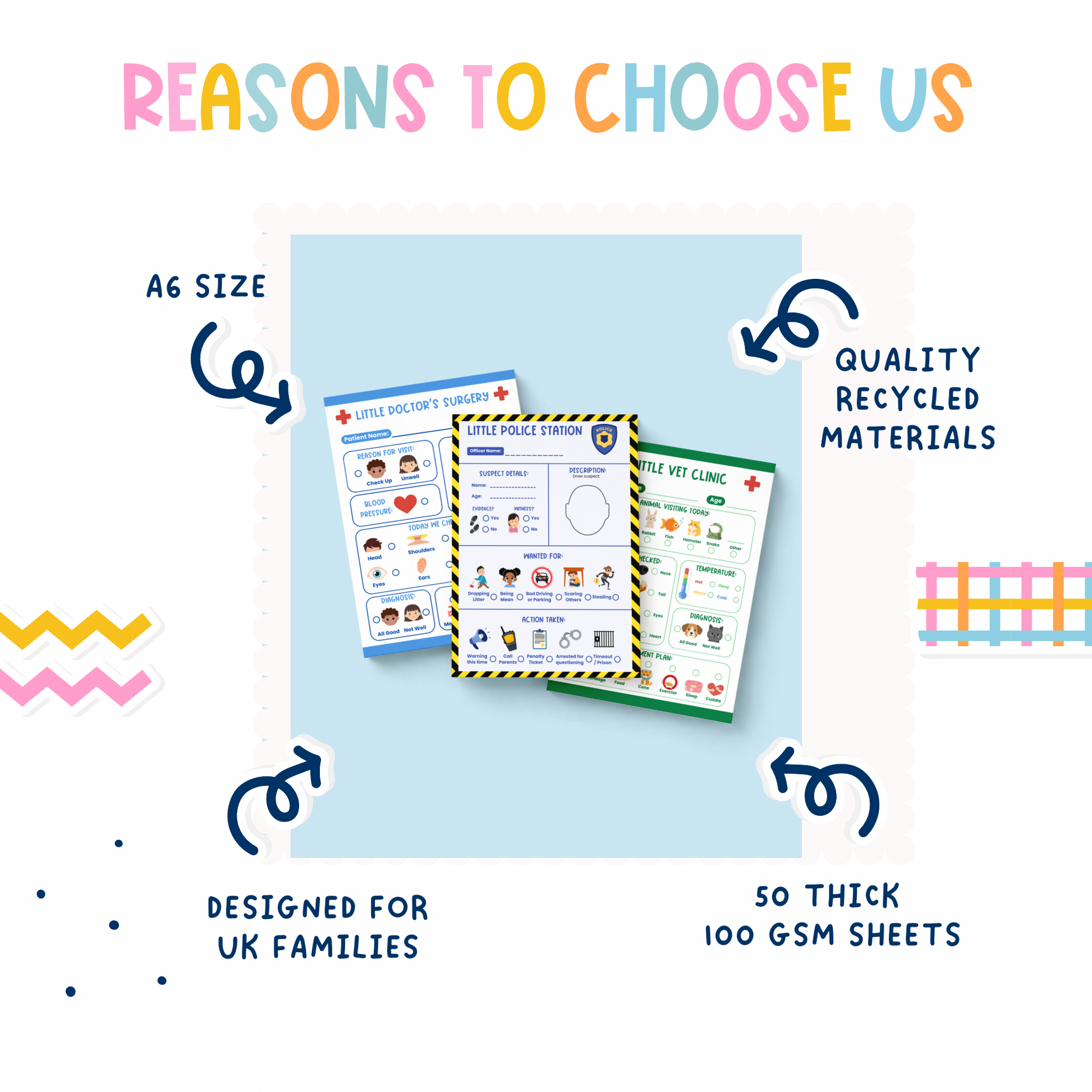 Kids Doctors, Vet and Police Role Play. A6 size sheets, thick recycled materials, designed for UK families.