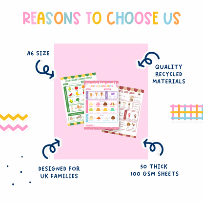 Kids Cafe, Ice Cream and Farmers Market role Play. A6 size sheets, thick recycled materials, designed for UK families.